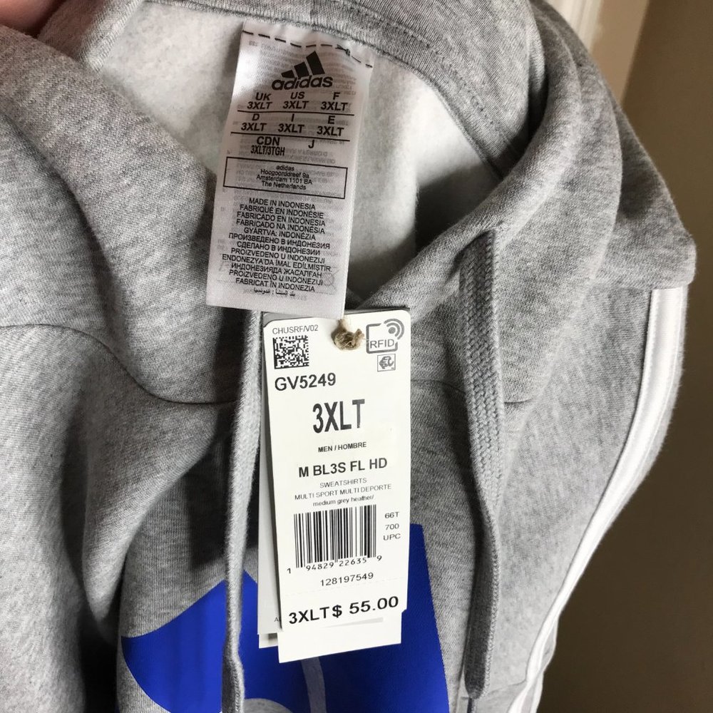 NWT Adidas Men's Essentials Fleece 3-Stripes Hoodie Sweatshirt Grey - Picture 5 of 5